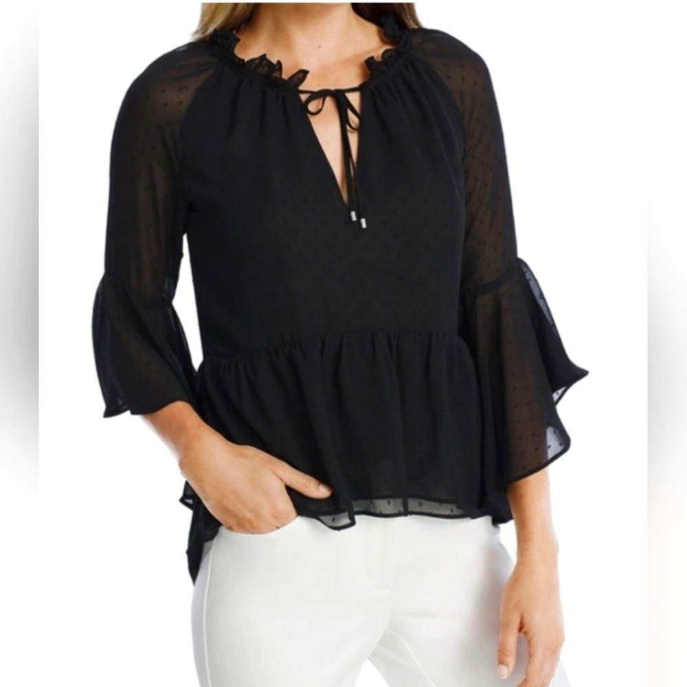 WHBM Black Swiss Dot Flowy Blouse, Size 2